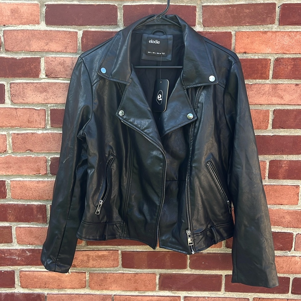 Elodie Faux Leather Moto Jacket Black Sz L NWT